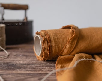 Linen fabric cinnamon brown, Orange brown softened fabric, Fabric by the yard or meter