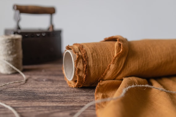 Linen fabric cinnamon brown, Orange brown softened fabric, Fabric by the yard or meter