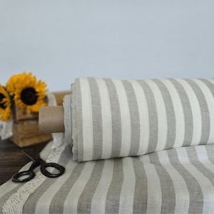 Linen fabric EXTRA WIDE milk white with natural undyed striped, Bedding and curtain linen fabric