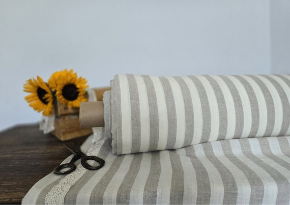 Linen fabric EXTRA WIDE milk white with natural undyed striped, Bedding and curtain linen fabric