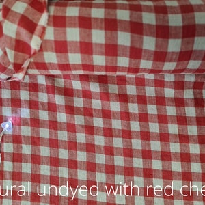Linen fabric milk white with natural checks, Linen fabric by the yard or meter, Checked flax for sewing Red/Natural