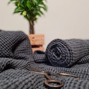 Waffle linen fabric graphite gray, Fabric by the yard or meter, Washed softened flax fabric