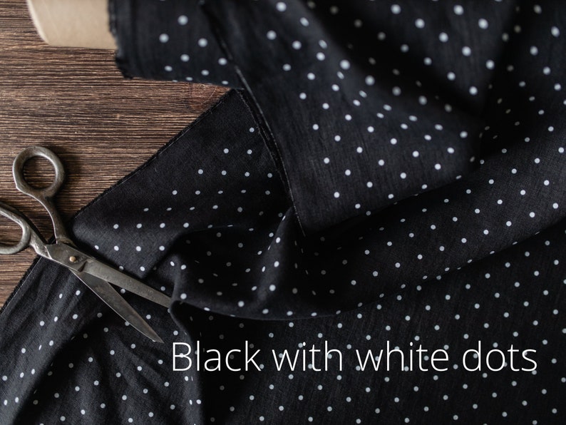 black with white  dots linen fabric texture,  linen material for curtains and clothing, 145 cm wide (57 inches), medium weight, sold by length from 0.5 m or 0.5 yard