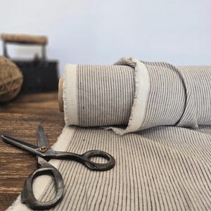 natural with brown stripe  linen blend fabric texture,  linen material for curtains and clothing, 145 cm wide (57 inches), medium weight, sold by length from 0.5 m or 0.5 yard