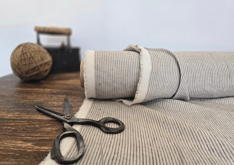 natural with brown stripe  linen blend fabric texture,  linen material for curtains and clothing, 145 cm wide (57 inches), medium weight, sold by length from 0.5 m or 0.5 yard