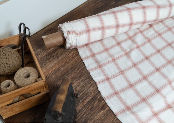 Linen fabric white with orange and blue checks, Linen fabric checked by the yard or meter, Washed flax for sewing
