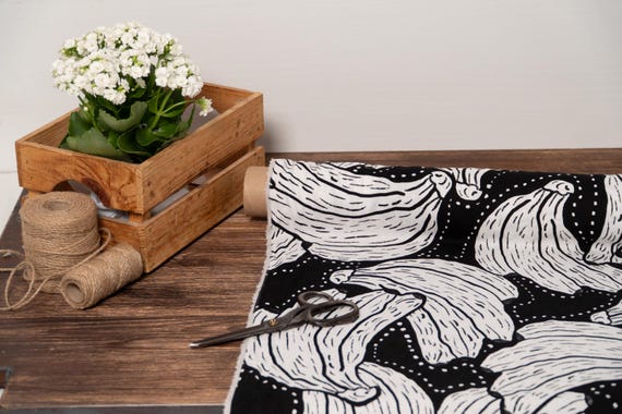 Black with white banana prints linen blend fabric, Fabric by the yard or meter