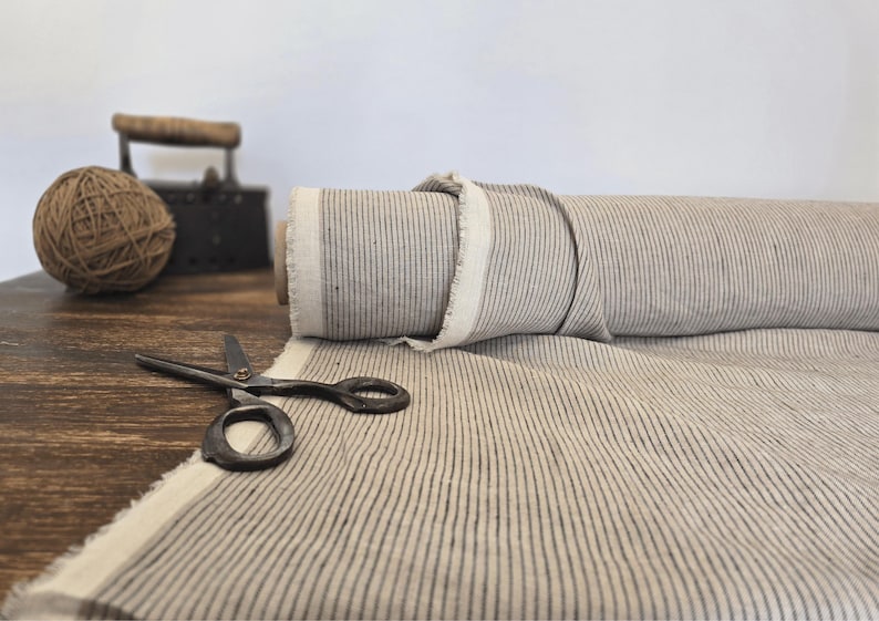 natural with brown stripe  linen blend fabric texture,  linen material for curtains and clothing, 145 cm wide (57 inches), medium weight, sold by length from 0.5 m or 0.5 yard