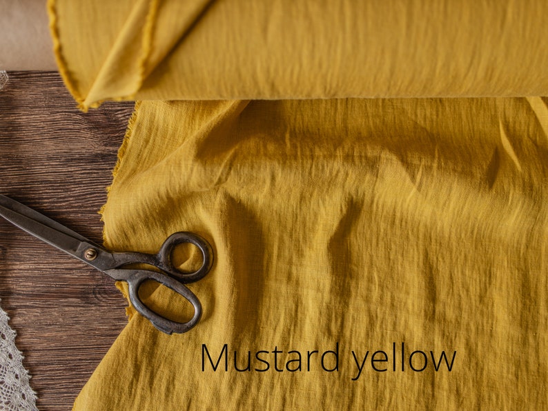 Linnen stof zonnig geel, Stof op maat of meter geknipt, Verzachte zuivere vlasstof Mustard yellow