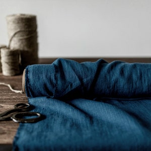 Linen fabric ocean blue, Washed softened flax fabrics, Fabric by the yard or meter image 3