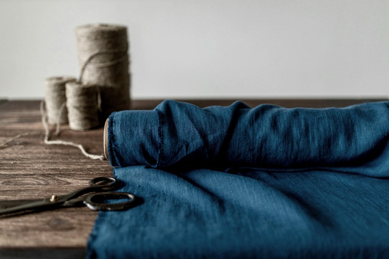 Linen fabric ocean blue, Washed softened flax fabrics, Fabric by the yard or meter image 3