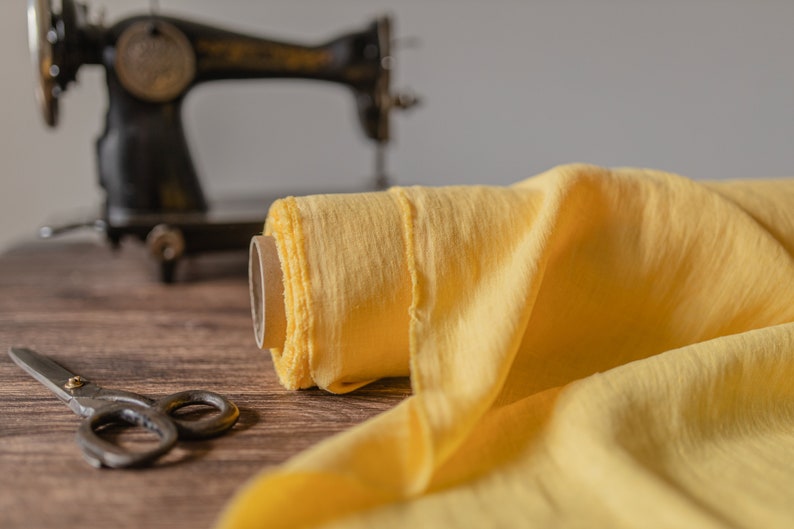 Linen fabric sunny yellow, Fabric by the yard or meter, Softened pure flax fabric zdjęcie 1