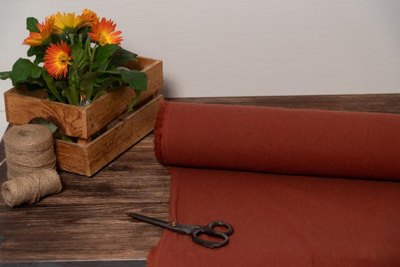 Rust orange recycled  linen blend fabric, Recycled linen fabric by the yard or meter, Softened flax fabric