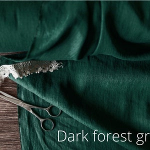 Linen fabric green tones, Fabric by the yard or meter, Softened washed flax fabric green shades Dark Forest Green