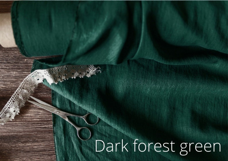 Linen fabric green tones, Fabric by the yard or meter, Softened washed flax fabric green shades Dark Forest Green