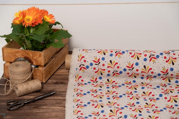 Linen fabric natural undyed folk floral prints, Natural floral fabric by the yard or meter, Washed floral flax sewing fabrics