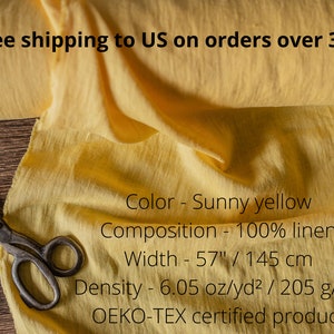 Linen fabric sunny yellow, Fabric by the yard or meter, Softened pure flax fabric image 2