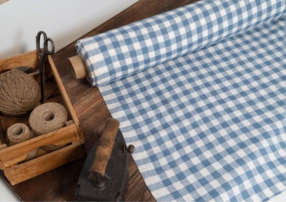 Linen fabric milk white with light blue checks, Linen fabric by the yard or meter, Checked flax for sewing