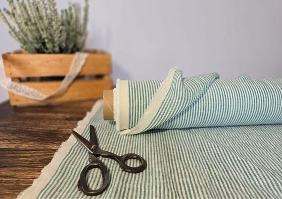 Linen fabric milk white with dark green stripes, Natural linen lightweight fabric by the yard, Washed  organic flax