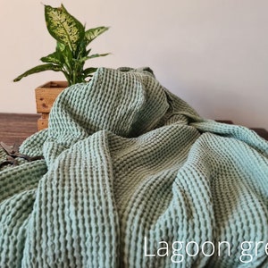 Waffle linen fabric grayish pink, Fabric by the yard or meter, Washed softened flax fabric Lagoon Green