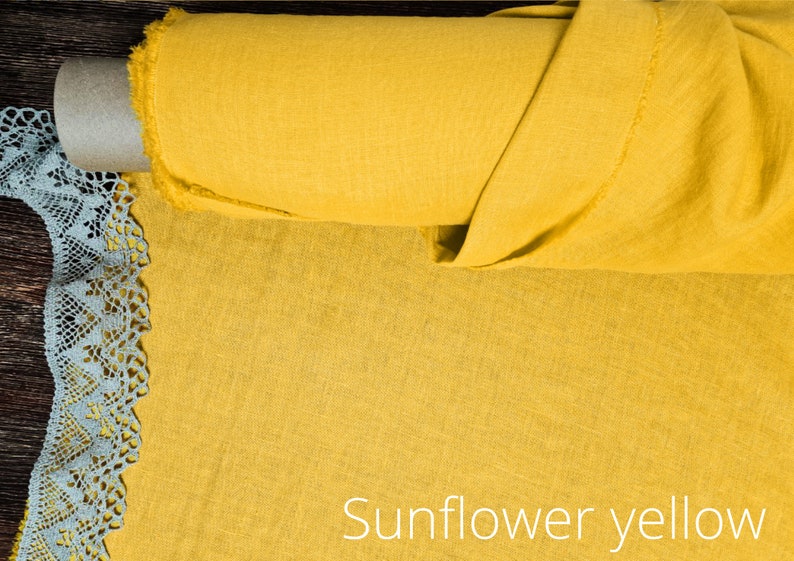 Linnen stof zonnig geel, Stof op maat of meter geknipt, Verzachte zuivere vlasstof Sunflower Yellow