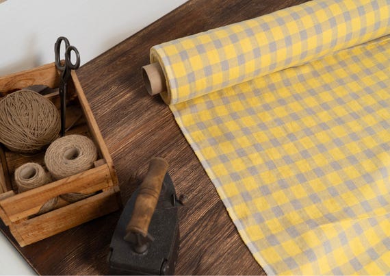 Linen fabric yellow with gray checks, Linen fabric checked by the yard or meter, Washed flax for sewing