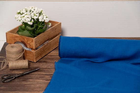 Linen fabric Sapphire blue, Fabric by the yard or meter, Organic washed flax fabric