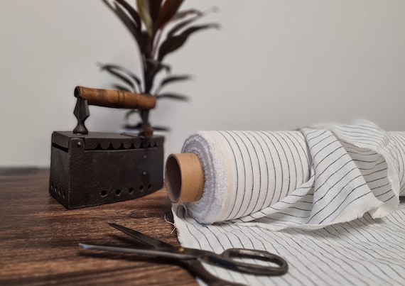 Milk white with black stripes linen fabric, Natural fabric by the yard or meter, Washed flax sewing fabrics