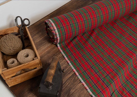 Red with green, blue , yellow checks linen and cotton blend fabric, Linen fabric checked by the yard or meter, Washed flax for sewing