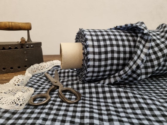 Linen fabric black with powder blue checks, Linen fabric by the yard or meter, Checked flax for sewing