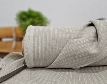 Linen fabric natural with double milk white stripes, Natural linen medium weight fabric by the yard, Washed organic flax