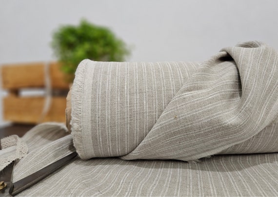 Linen fabric natural with double milk white stripes, Natural linen medium weight fabric by the yard, Washed organic flax