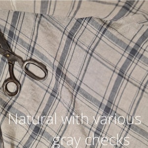 black with natural undyed checks linen fabric texture, natural woven linen material for curtains and clothing, 145 cm wide (57 inches), OEKO-TEX Standard 100 certified, medium weight, sold by length from 0.5 m or 0.5 yard