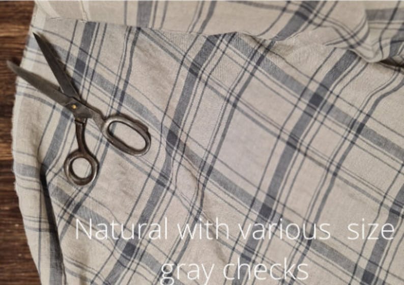 black with natural undyed checks linen fabric texture, natural woven linen material for curtains and clothing, 145 cm wide (57 inches), OEKO-TEX Standard 100 certified, medium weight, sold by length from 0.5 m or 0.5 yard