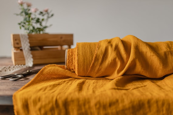 Linen fabric Honey yellow, Washed softened flax fabrics, Fabric by the yard or meter