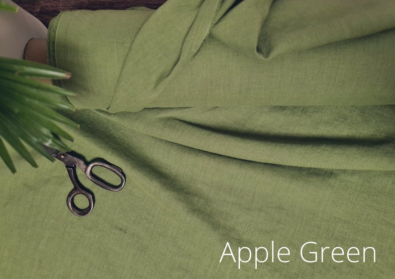 Linen fabric dark forest green, Fabric by the yard or meter, Washed softened flax fabric Apple Green