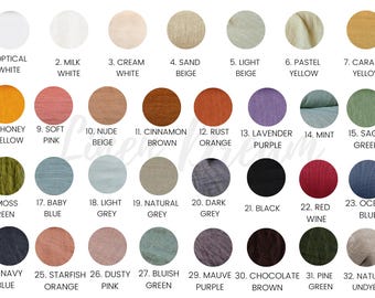 Puede incluir: Una carta de colores con treinta y dos muestras de tela circulares en una cuadrícula. Cada muestra está numerada y nombrada, incluyendo blanco óptico, blanco leche, blanco crema, beige arena, beige claro, amarillo pastel, amarillo caramelo, amarillo miel, rosa suave, beige nude, marrón canela, naranja óxido, morado lavanda, menta, verde salvia, verde musgo, azul bebé, gris claro, gris natural, gris oscuro, negro, vino tinto, azul océano, azul marino, naranja estrella de mar, rosa empolvado, verde azulado, morado malva, marrón chocolate, verde pino y natural sin teñir.