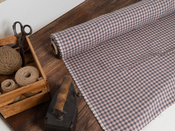 Linen fabric gray with pink checks, Linen fabric by the yard or meter, Checked flax for sewing