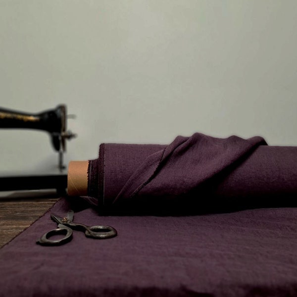 Linen fabric Aubergine purple, Organic flax fabrics, Fabric by the yard or meter