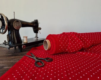 Linen fabric poppy red with dots, Fabric by the yard or meter, Softened washed linen fabric