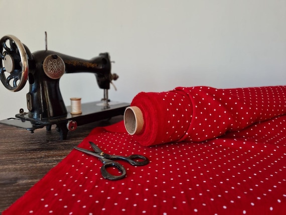 Linen fabric poppy red with dots, Fabric by the yard or meter, Softened washed linen fabric