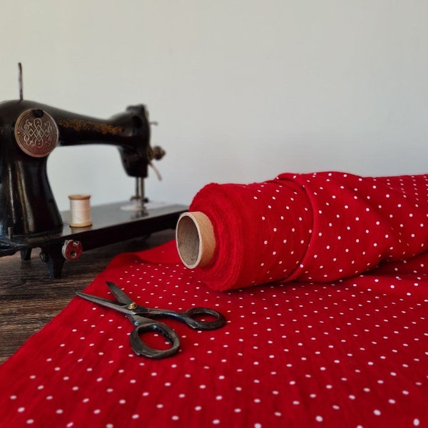 Linen fabric poppy red with dots, Fabric by the yard or meter, Softened washed linen fabric