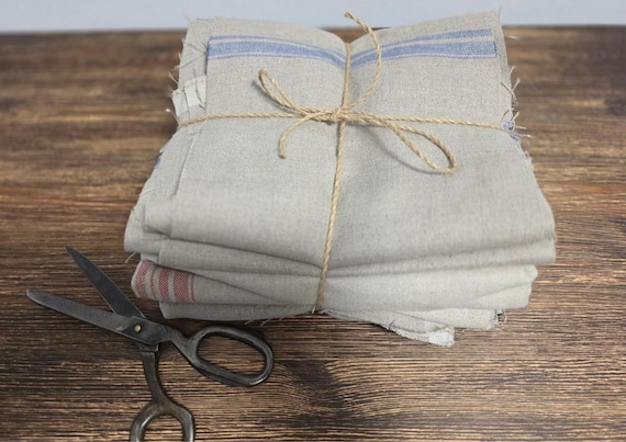 Linen Fabric Remnants heavy natural with stripes – Assorted Sizes & Colors