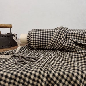 Linen fabric black with sand beige checks, Linen fabric by the yard or meter, Checked flax for sewing zdjęcie 5