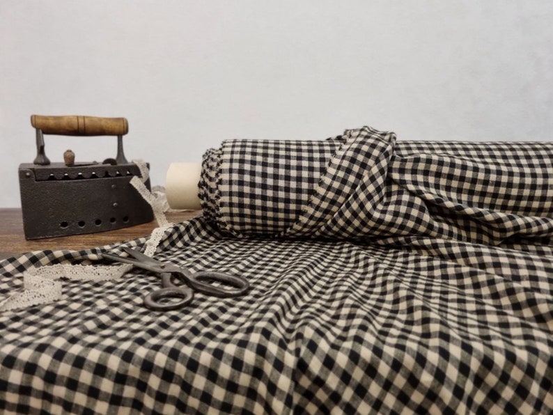 Linen fabric black with sand beige checks, Linen fabric by the yard or meter, Checked flax for sewing zdjęcie 5