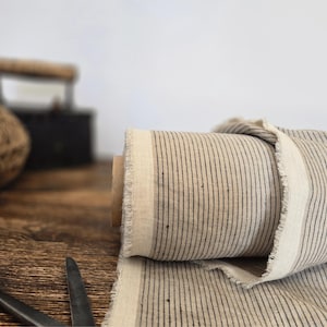 natural with brown stripe  linen blend fabric texture,  linen material for curtains and clothing, 145 cm wide (57 inches), medium weight, sold by length from 0.5 m or 0.5 yard