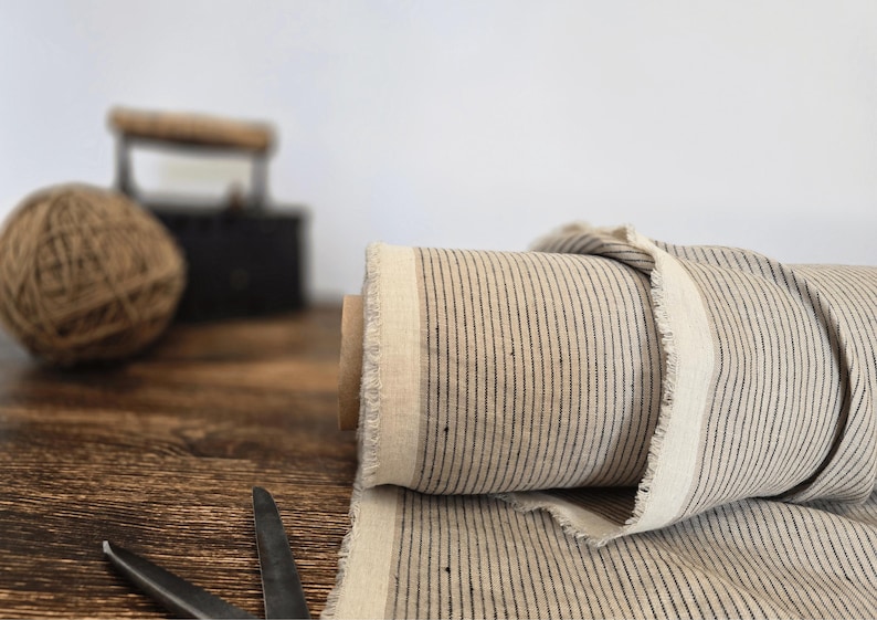 natural with brown stripe  linen blend fabric texture,  linen material for curtains and clothing, 145 cm wide (57 inches), medium weight, sold by length from 0.5 m or 0.5 yard