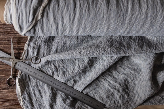 Blue thin striped natural linen fabric, Fabric by the yard or meter, Washed softened flax fabric