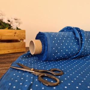 Linen fabric royal blue with dots, Fabric by the yard or meter, Softened washed linen fabric