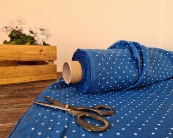 Linen fabric royal blue with dots, Fabric by the yard or meter, Softened washed linen fabric